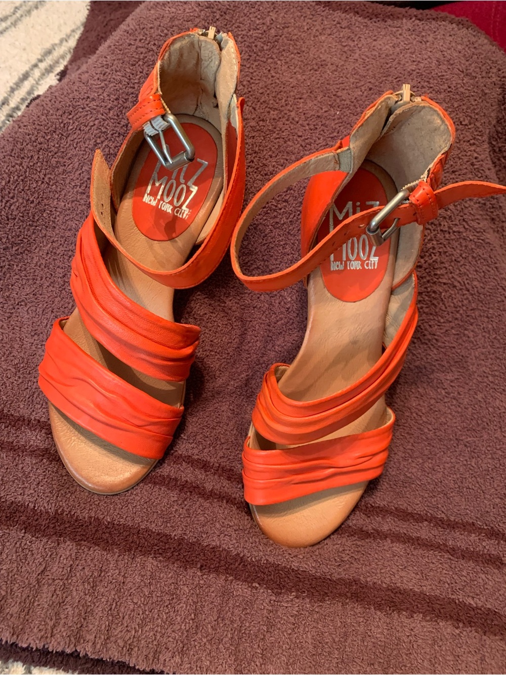 Miz Mooz Bright Orange Draped Ankle-Strap Heels & back zipper